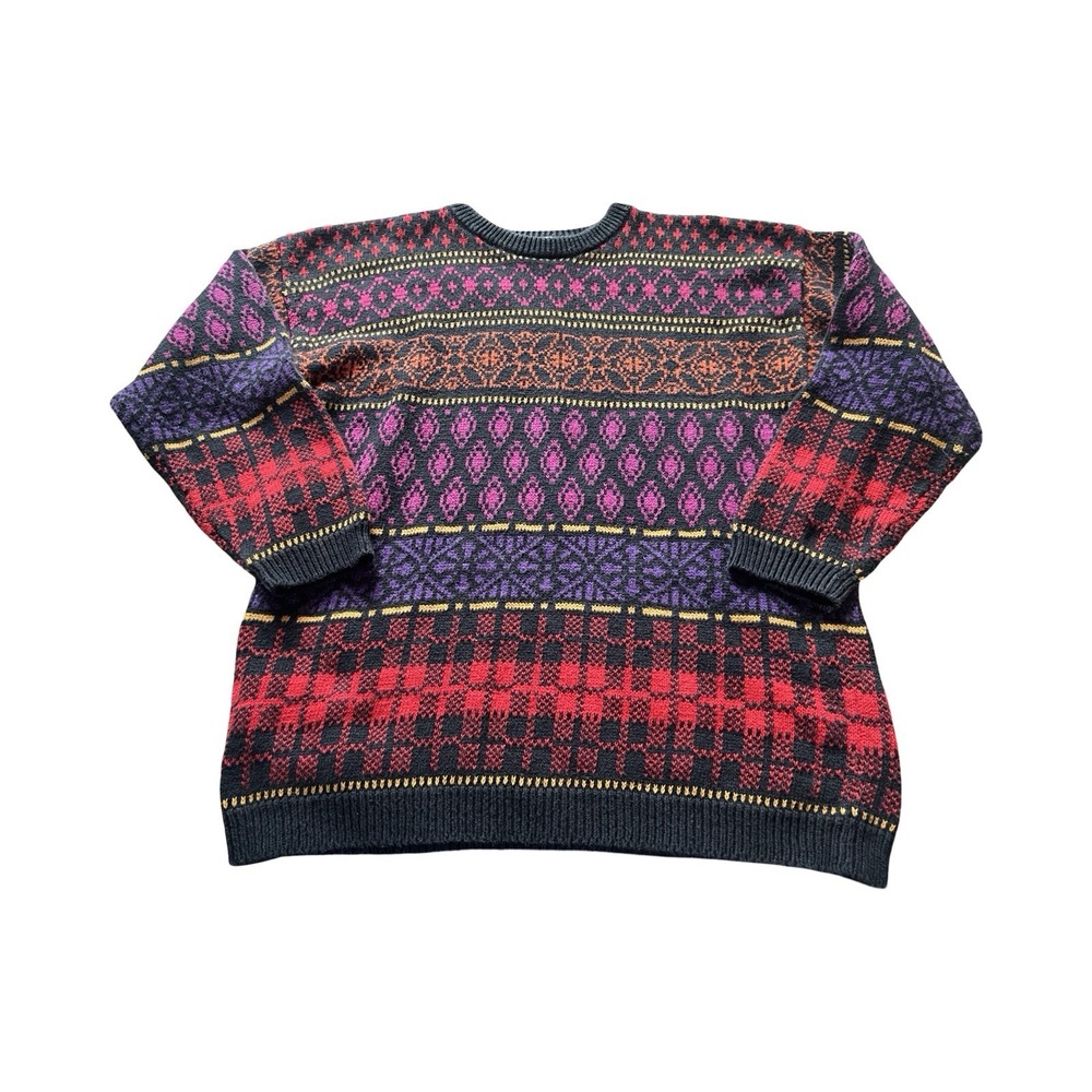 Vintage BG Basics Mixed Pattern Fair Isle Plaid Ramie Cotton Sweater Mens Medium